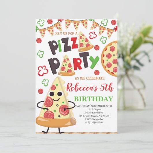 Invitation Pizza fête d'anniversaire, tranche d'Anniversaire  (Debout devant)
