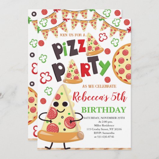 Invitation Pizza fête d'anniversaire, tranche d'Anniversaire (Devant / Derrière)