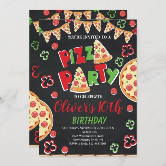 Invitation Pizza fête d'anniversaire, tranche d'Anniversaire (Devant / Derrière)