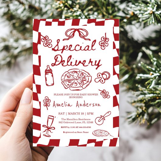 Invitation Pizza Hand Drawn Special Delivery Baby Shower