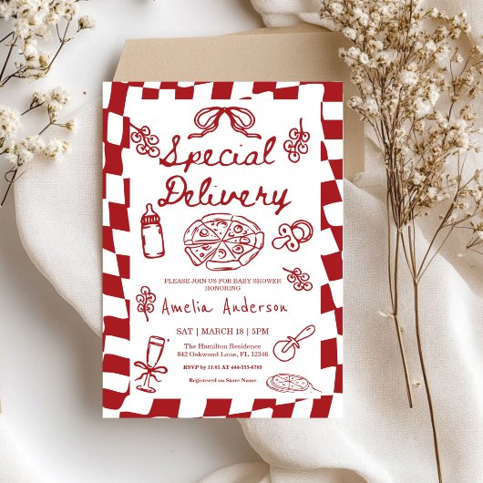 Invitation Pizza Hand Drawn Special Delivery Baby Shower