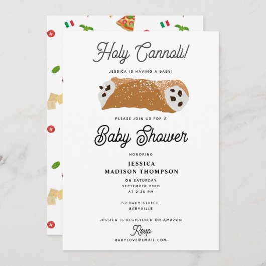Invitation Pizza italienne Pâtes Saint-Cannoli Baby shower (Devant / Derrière)