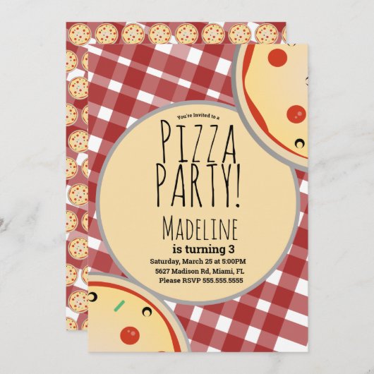 Invitation Pizza moderne fête d'anniversaire Plaid Red Invita (Devant / Derrière)
