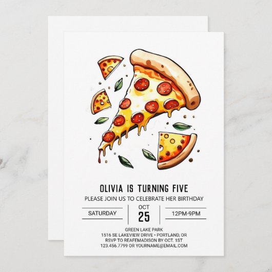 Invitation Pizza numérique imprimable Anniversaire (Devant / Derrière)