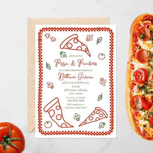 Invitation Pizza & Pacifier croquis Doodle Baby shower neutre