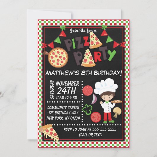 Invitation Pizza Party Brown cheveux Anniversaire de enfant (Devant)