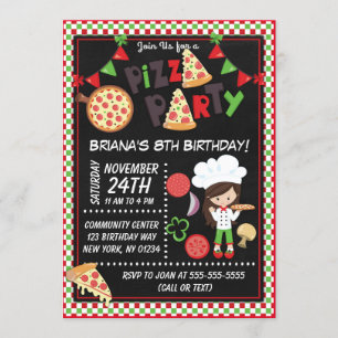 Invitation Pizza Party Brown cheveux fille Anniversaire de en