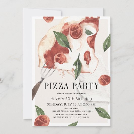 Invitation Pizza Party Margherita Aquarelle Anniversaire (Devant)