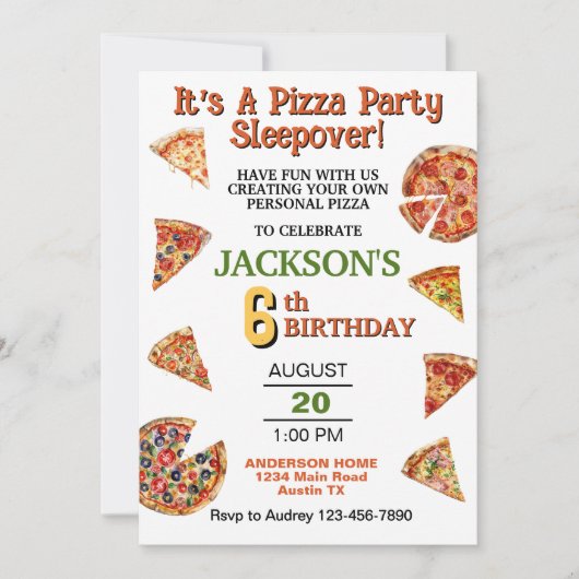 Invitation Pizza Pie Slice Slepover N'importe quel âge Annive (Devant)