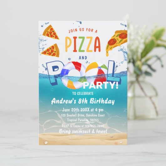 Invitation Pizza & Pool Party Eau d'été Anniversaire (Debout devant)