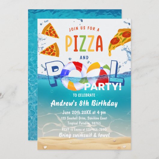 Invitation Pizza & Pool Party Eau d'été Anniversaire (Devant / Derrière)