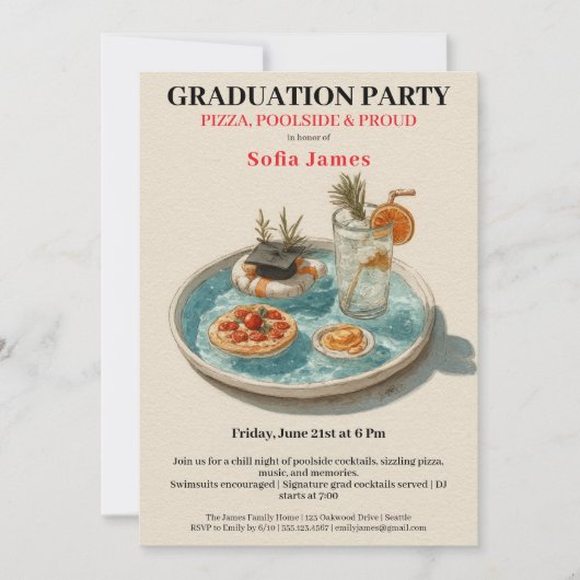 Invitation Pizza, Poolside, Pool Party | graduation party (Devant)