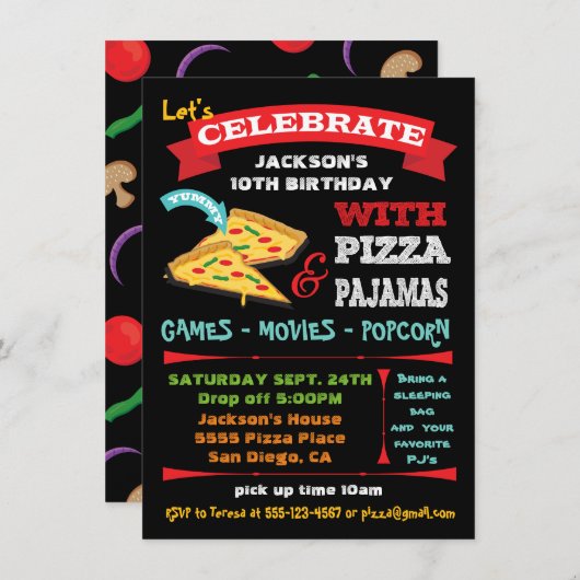 Invitation Pizza & Pyjamas en tableau noir (Devant / Derrière)