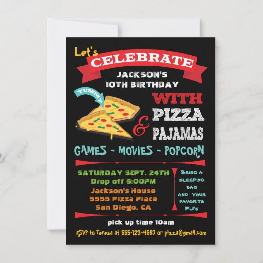 Invitation Pizza & Pyjamas en tableau noir (Devant)