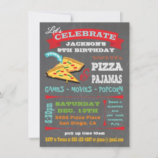 Invitation Pizza & Pyjamas en tableau noir (Devant)