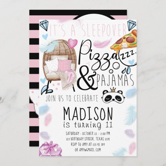 Invitation Pizza & Pyjamas Slepover fête d'anniversaire (Devant / Derrière)