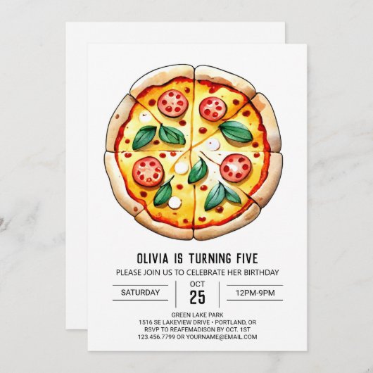 Invitation Pizza simple à imprimer Anniversaire (Devant / Derrière)
