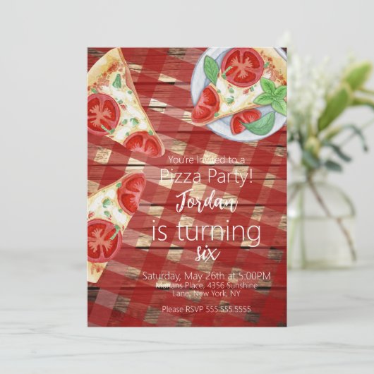 Invitation Pizza Slices rustique Script de fête d'anniversair (Debout devant)
