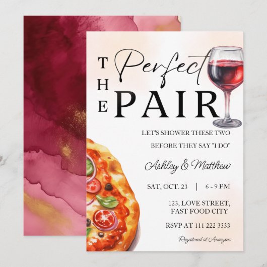 Invitation Pizza Vin Parfait Paire Couple Wedding shower (Devant / Derrière)