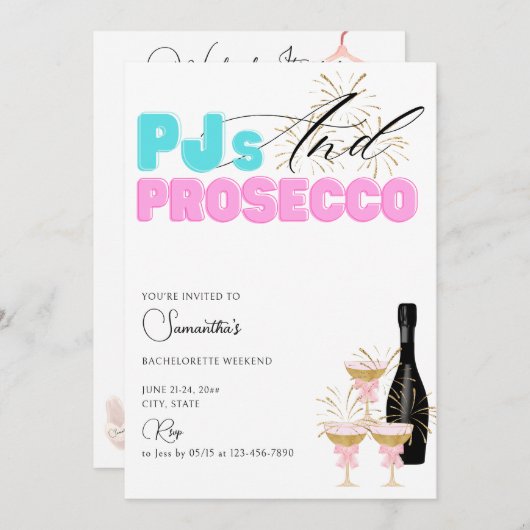 Invitation PJ's Prosecco Pajama Party Bachelorette Week-end (Devant / Derrière)