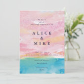 Invitation Plage Abstraite Pink & Blue Aquarelle Arrière - pl (Debout devant)