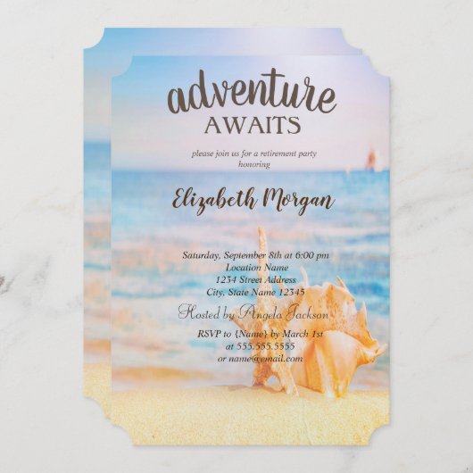 Invitation Plage adorable, Sable, Seashells Retraite (Devant / Derrière)