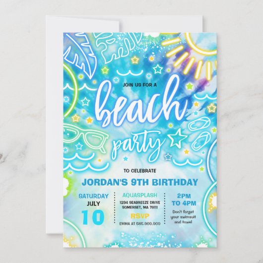 Invitation Plage Anniversaire Fête Summer Beach Tie Dye Glow (Devant)