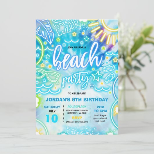 Invitation Plage Anniversaire Fête Summer Beach Tie Dye Glow (Debout devant)