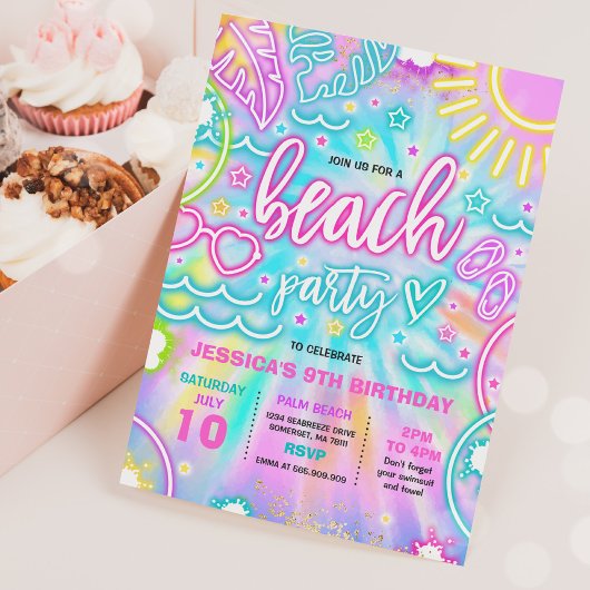 Invitation Plage Anniversaire Fête Summer Beach Tie Dye Glow