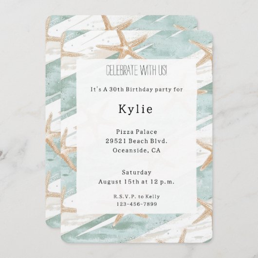 Invitation Plage Aqua Mint Starfish Stripes Anniversaire (Devant / Derrière)