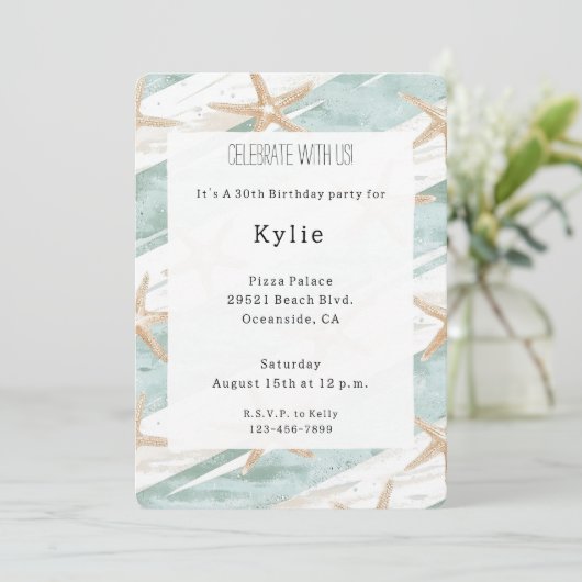 Invitation Plage Aqua Mint Starfish Stripes Anniversaire (Debout devant)