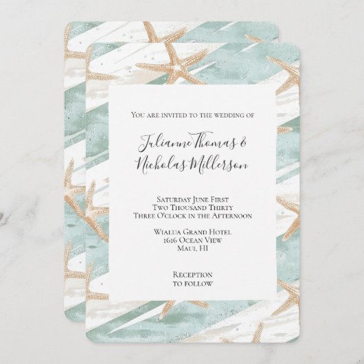 Invitation Plage Aqua Mint Starfish Stripes Mariage (Devant / Derrière)