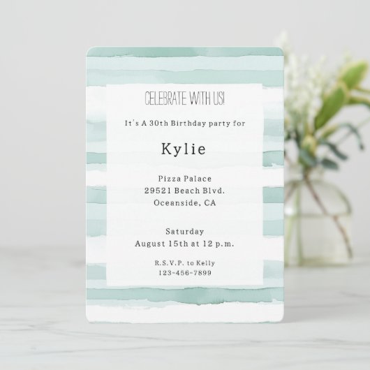 Invitation Plage Aqua Mint Stripes Anniversaire (Debout devant)