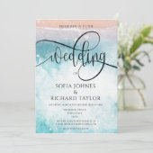 Invitation Plage Aquarelle à thème Calligraphie Océan Tropiqu (Debout devant)