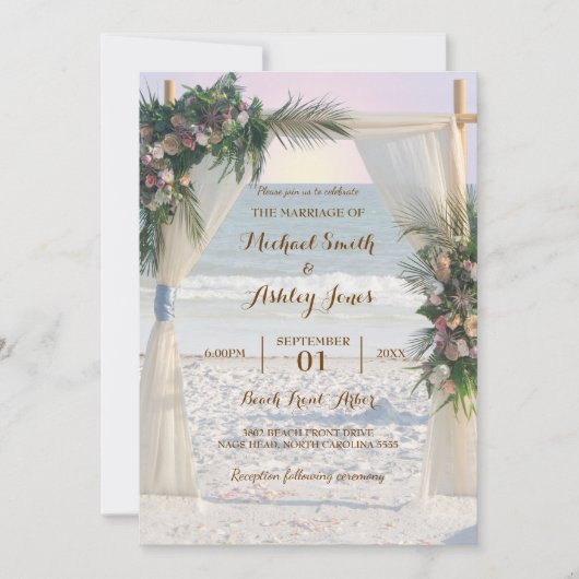 Invitation Plage Arbor Rose Tropical Feuilles coucher de sole (Devant)