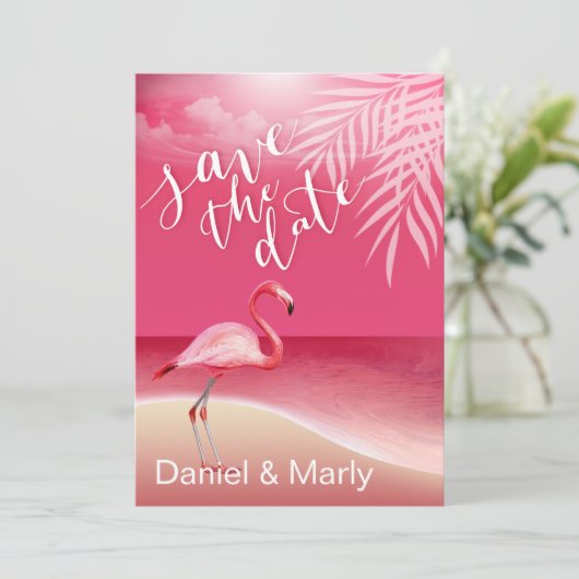 Invitation Plage aux Flamants Roses, Sauvegarder la Date | ro (Debout devant)