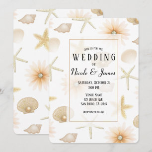 Invitation Plage aux pêches Coquillages et fleurs Mariage mod