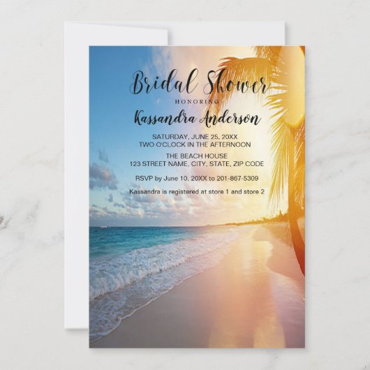 Invitation Plage Avec Palm Tree Sunset Fête des mariées (Devant)