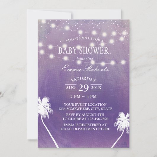 Invitation Plage Baby shower Palm Tree Aquarelle violet (Devant)