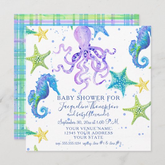 Invitation Plage baby shower Starfish Octopus Seahorse Plaid (Devant / Derrière)