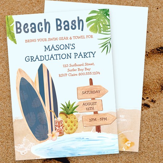 Invitation Plage Bash Graduation Party Surfboard