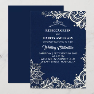 Invitation plage blanche dentelle marine bleu marine mariage 