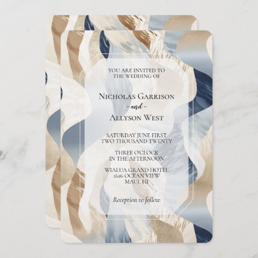 Invitation Plage bleu crème sable ivoire Mariage Abstrait (Devant / Derrière)