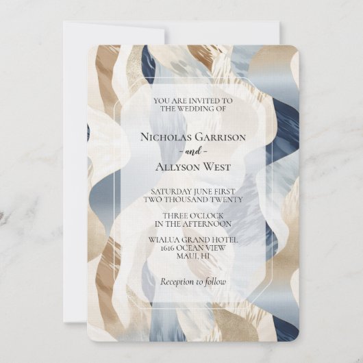 Invitation Plage bleu crème sable ivoire Mariage Abstrait (Devant)