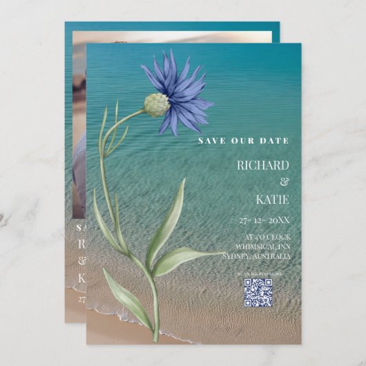 Invitation Plage bleu Dusty design code Qr mariage (Devant / Derrière)