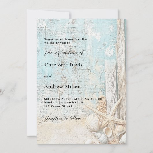 Invitation Plage bleu sable étoile de mer bois flotté luxe ma (Devant)