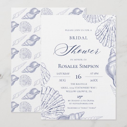 Invitation Plage Blue Shells Élégant Shower de Mariée (Devant / Derrière)