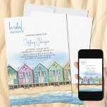 Invitation Plage Cabines aquarelle Océan Front Fête des marié<br><div class="desc">Beach Bachelorette Week-end Invitation avec Itinéraire. Aquarelle avec rangée de cabanes de plage en bois peint et colorées sur le sable doré du bord de mer, avec vue sur la mer et ciel bleu d'été. Le modèle est mis en place pour que vous puissiez ajouter les détails du week-end et...</div>