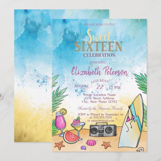 Invitation Plage Cocktail Fruits été Sweet 16 Party (Devant / Derrière)