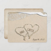 Invitation Plage Coeurs dans le sable avec surf (Devant / Derrière)